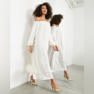 ASOS Edition Linen Blend Off Shoulder Midi Dress in Oatmeal